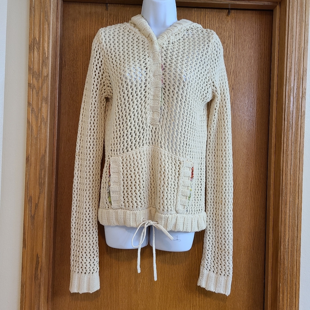 Free People Cream Crochet Knit Hooded Sweater M